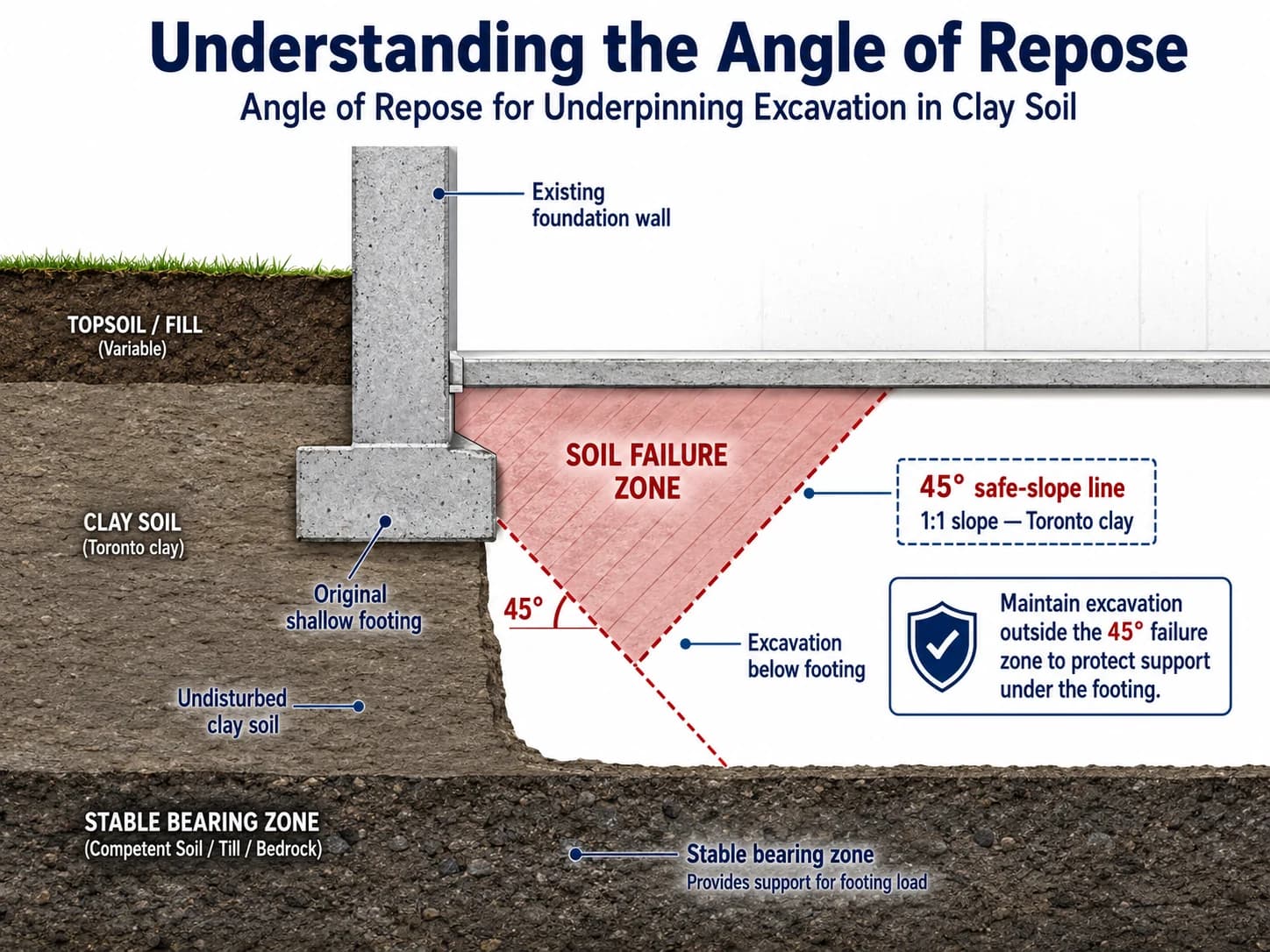 Technical diagram showing 45-degree angle of repose for safe excavation in Toronto clay soil