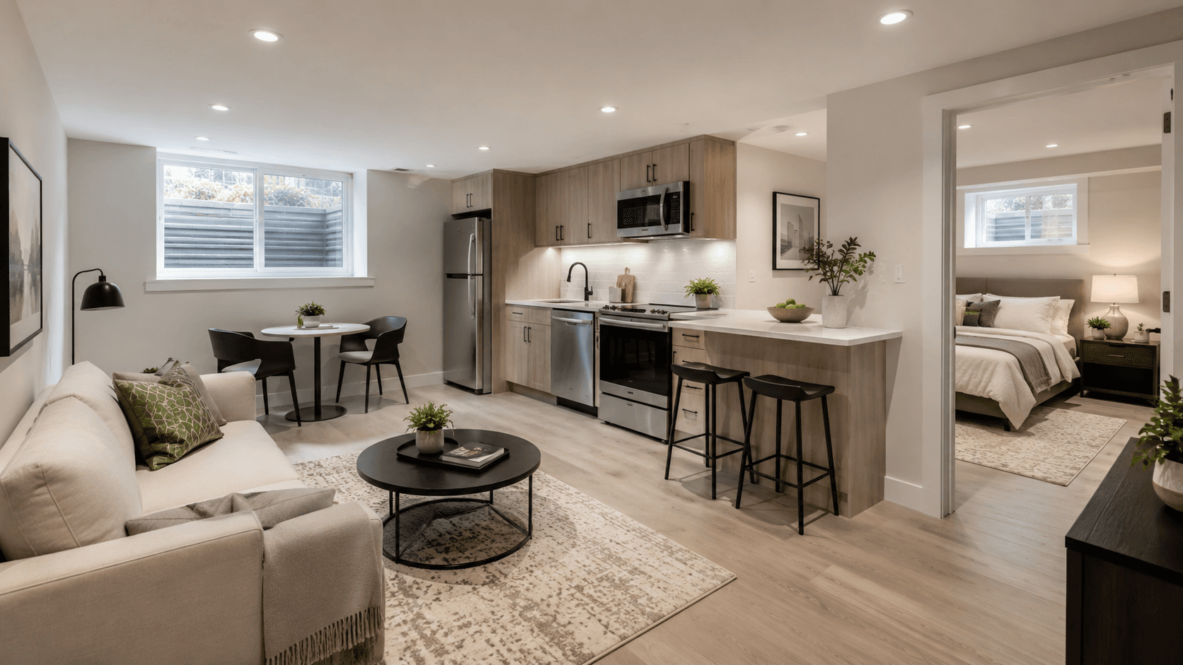 Finished legal basement apartment with open-concept living room, kitchen, and bedroom — created through underpinning