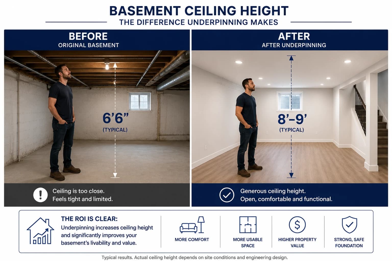 Basement Ceiling Height Before and After Underpinning