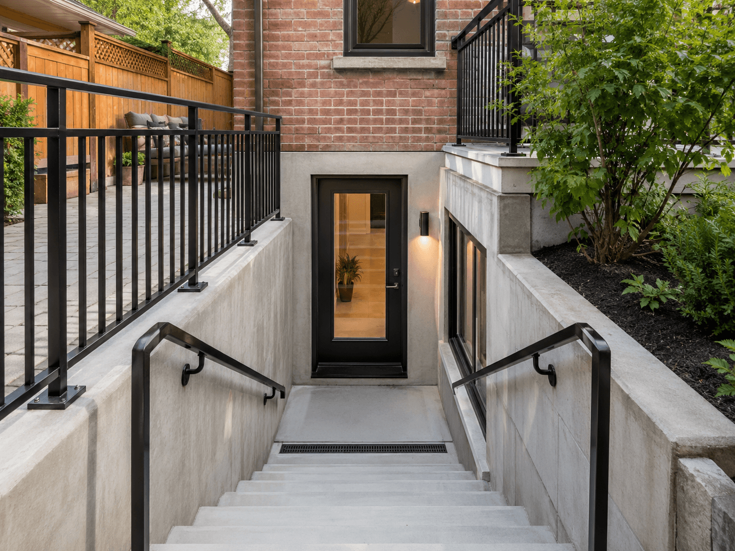 Separate exterior entrance to a basement apartment with concrete stairs, black metal railings, and glass door