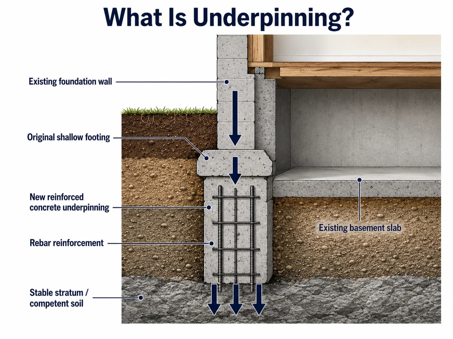 Technical cross-section diagram showing underpinning process with existing foundation wall, new reinforced concrete, and load transfer to stable soil