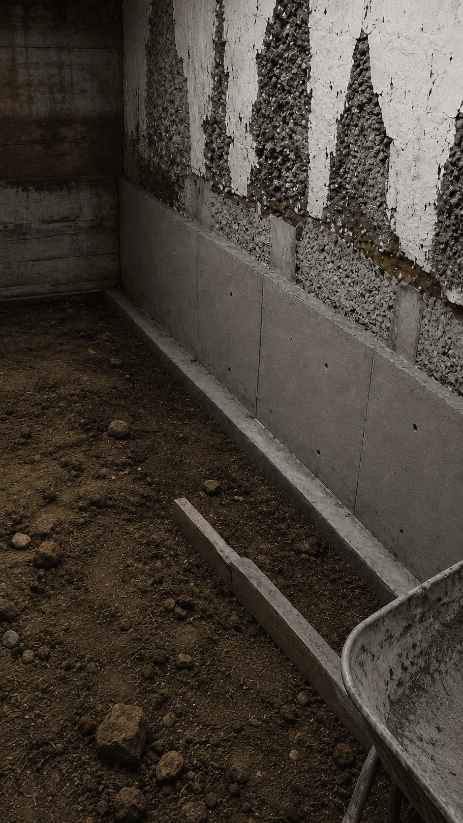 Underpinning foundation work in progress — concrete bench footing in Markham basement