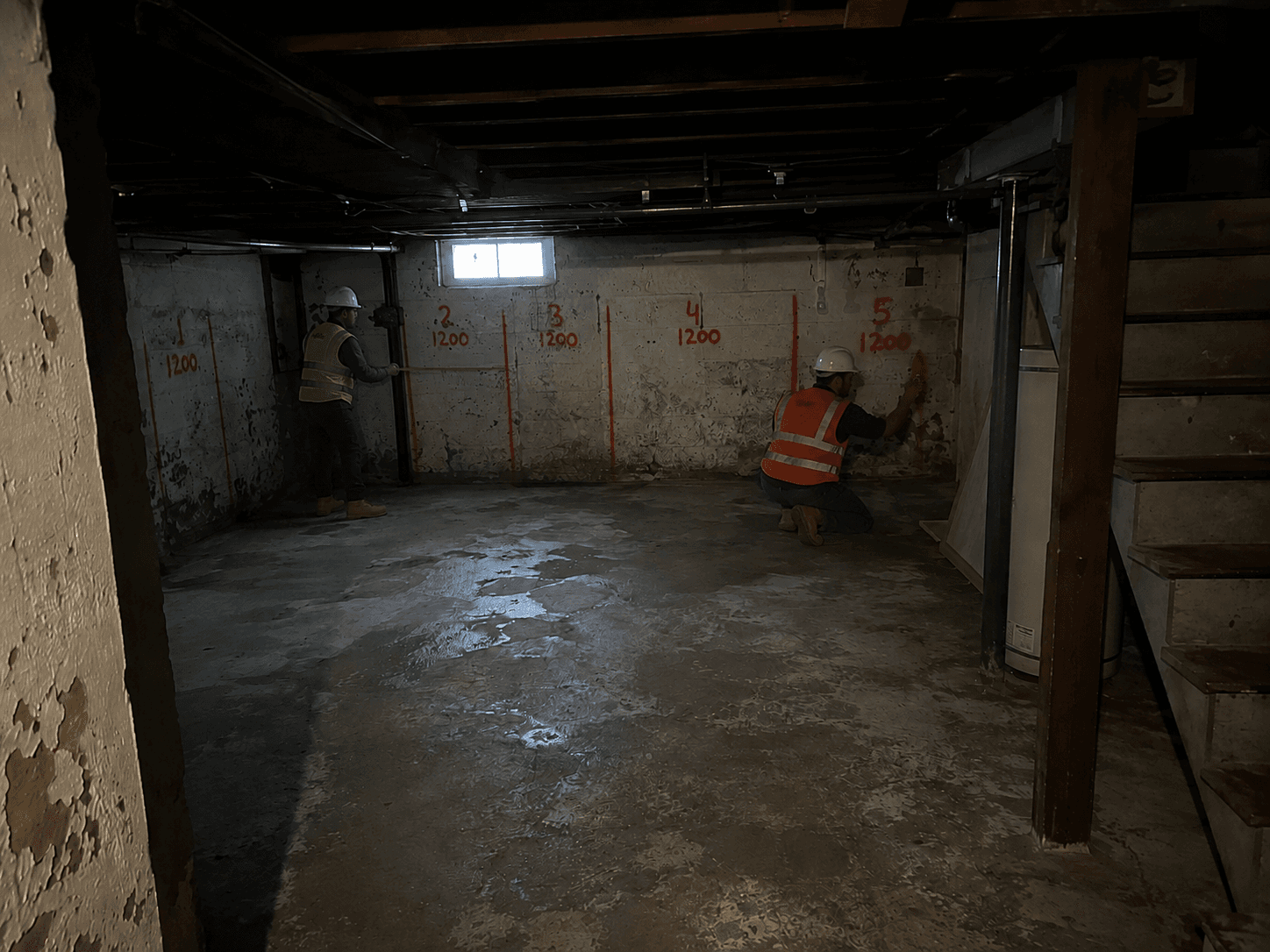 Foundation wall marked in 1200mm underpinning sections