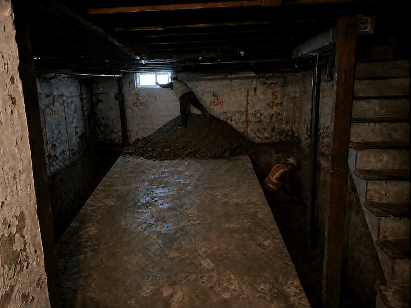 Soil being removed through basement window during excavation