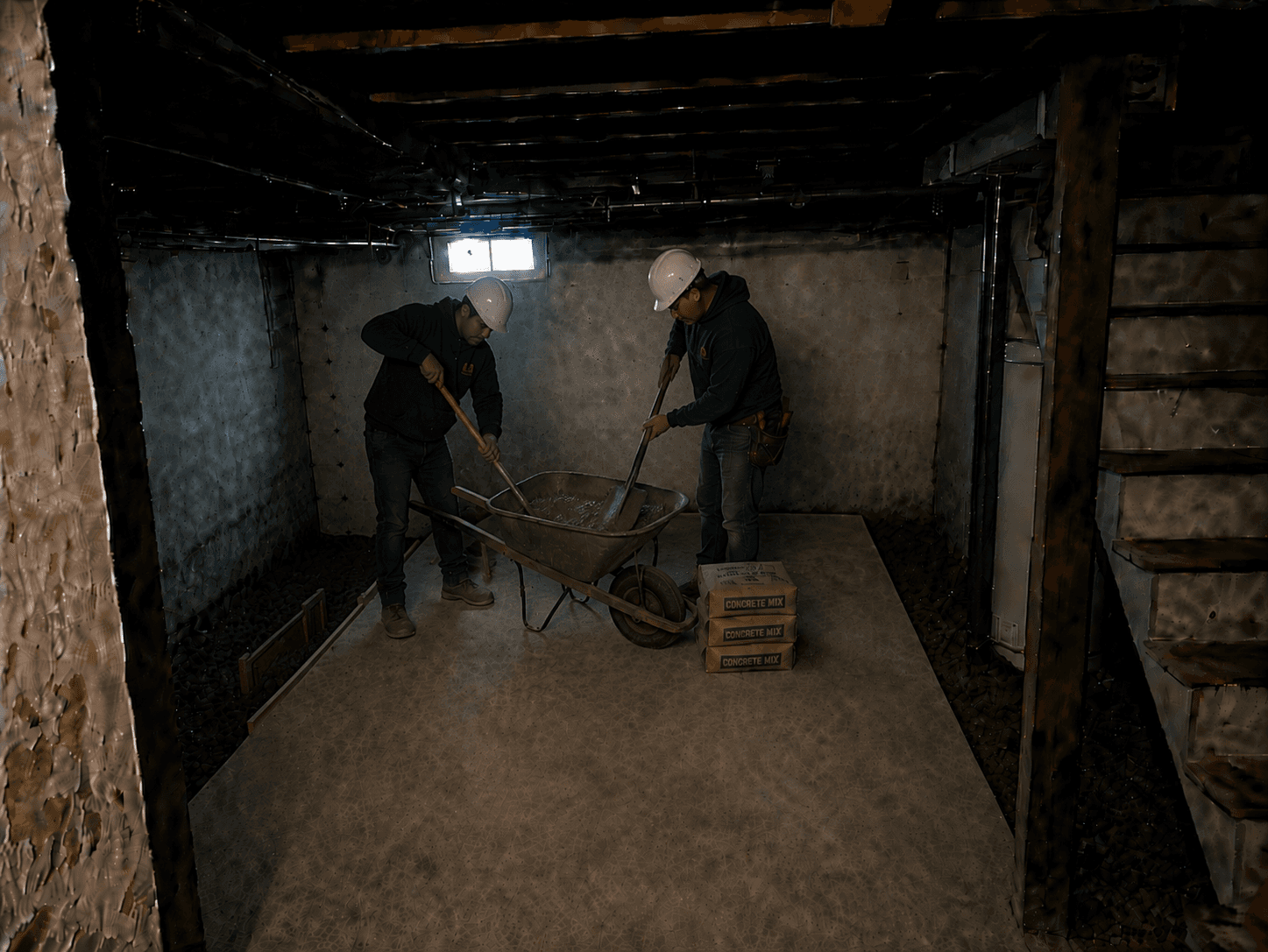 Concrete being mixed on-site for underpinning pour