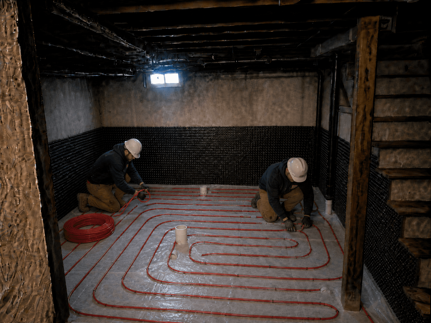 PEX radiant heating tubing laid out before concrete pour