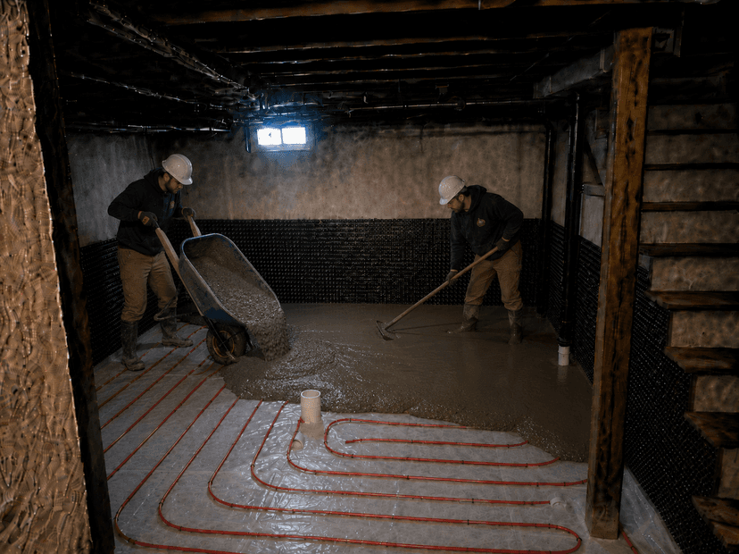New concrete floor slab being poured
