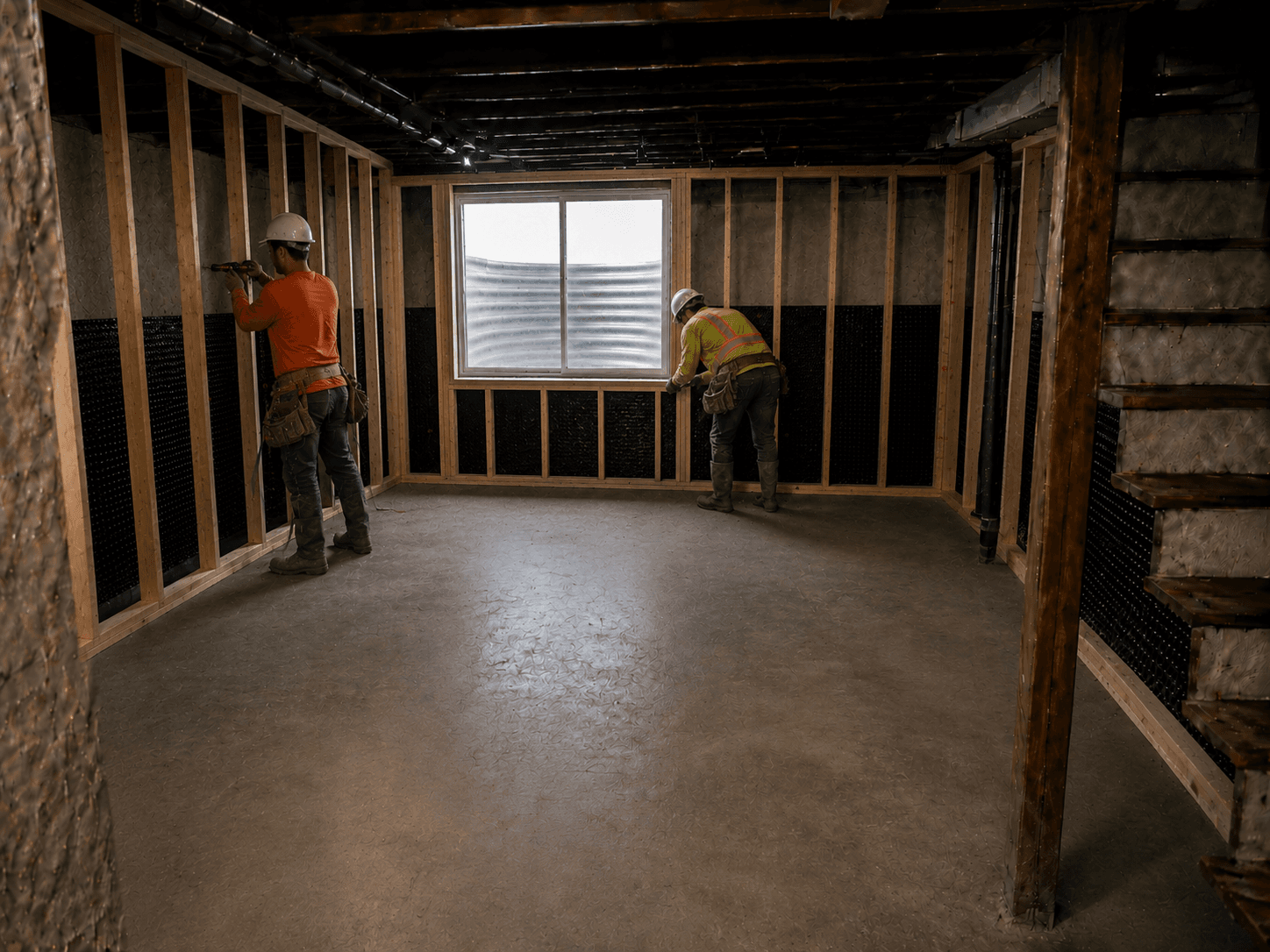 Wood stud wall framing in basement