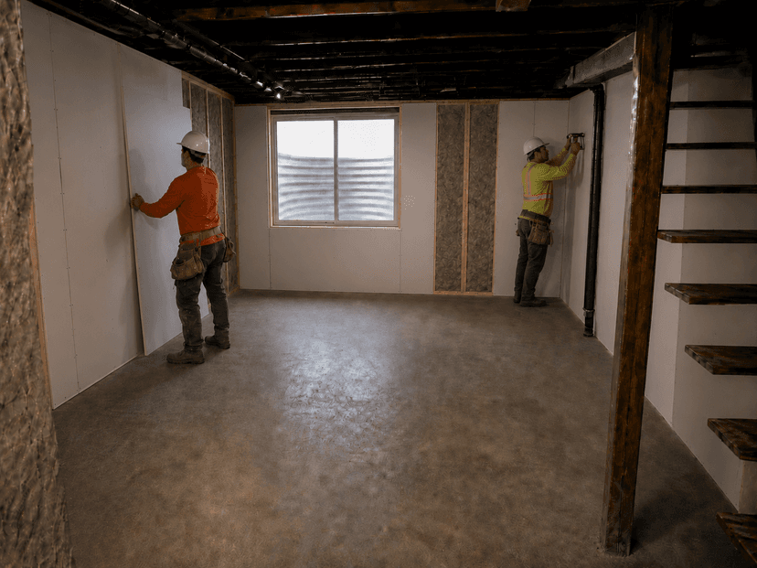 Drywall being installed on basement walls