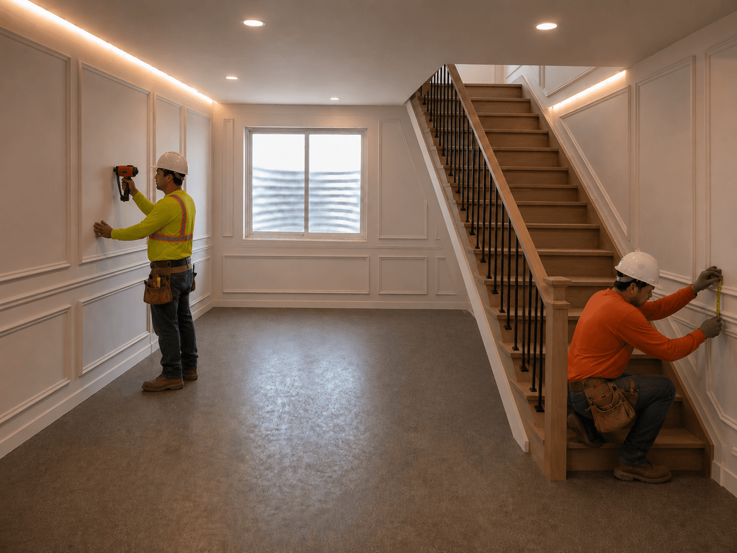 Molding and trim being installed in finished basement