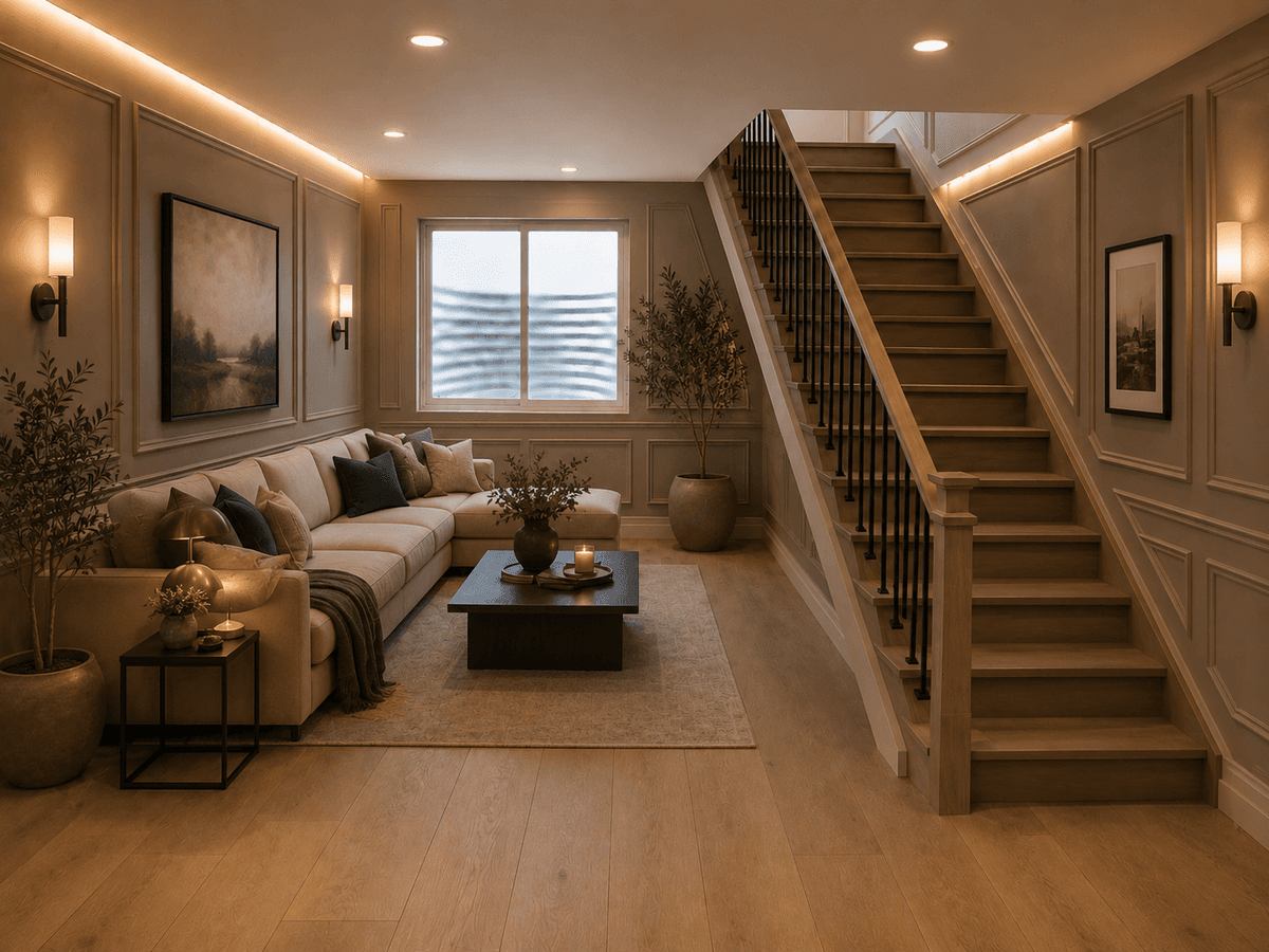 After: beautifully finished basement living space