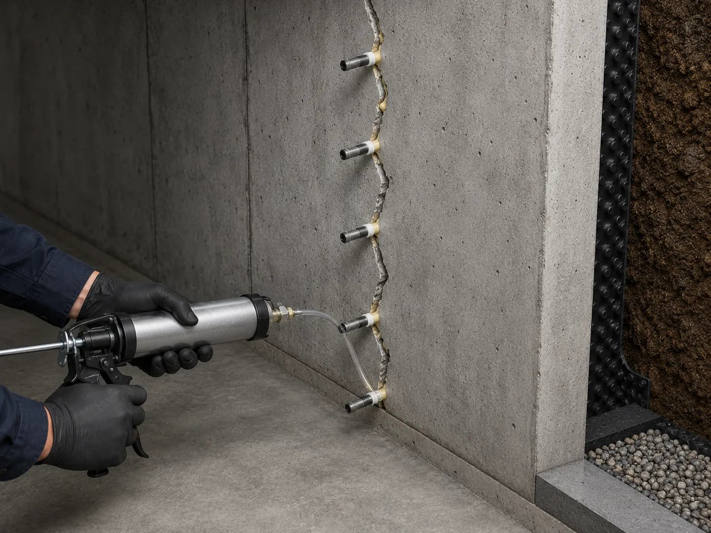 Technician injecting a foundation wall crack through a row of injection ports