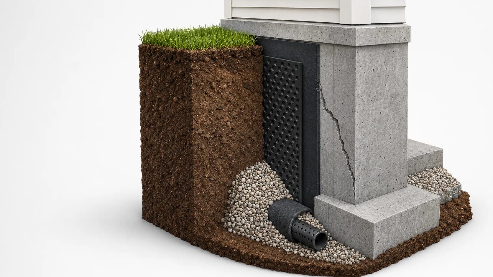Cutaway of an exterior foundation wall with waterproofing membrane, dimple board, and a weeping tile in gravel