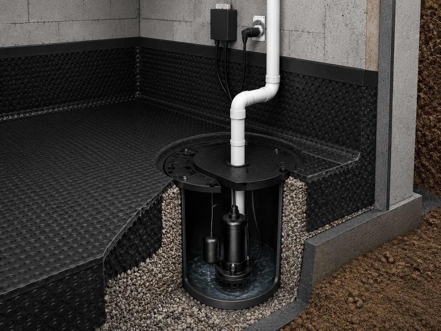 Interior basement corner with a sealed sump basin, pump, and dimple-board wall drainage