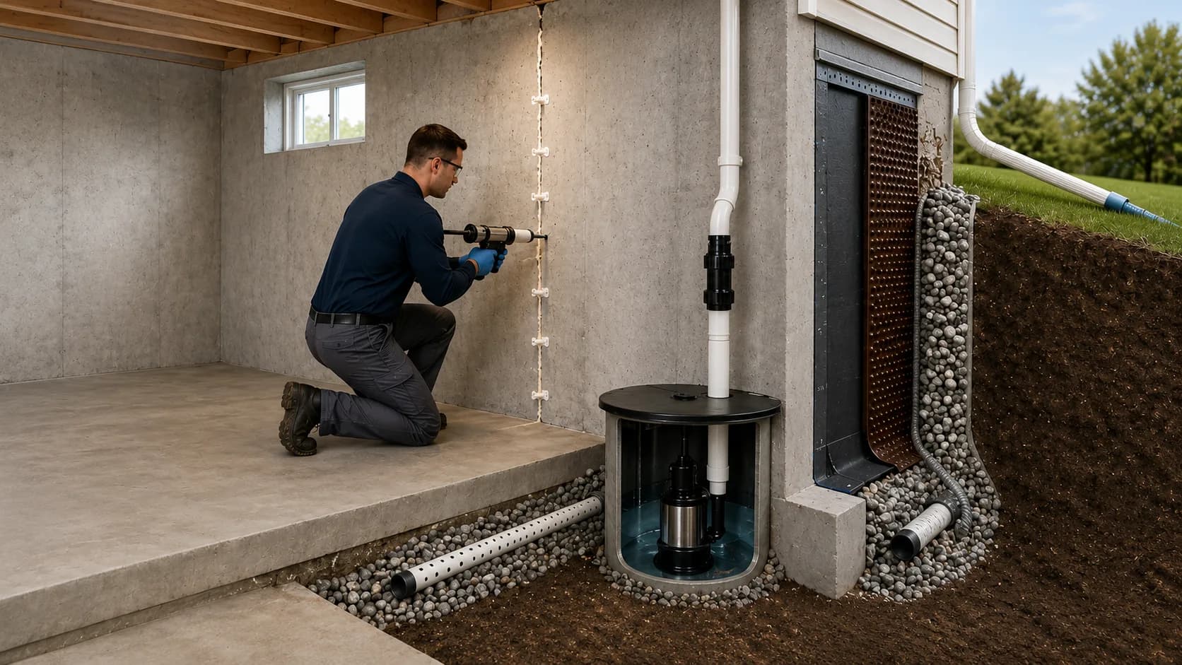Cutaway of a waterproofed basement showing a sump pump, interior drainage, and exterior foundation membrane