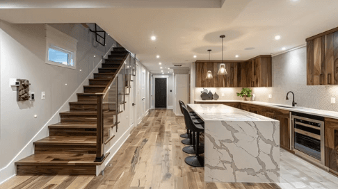 Finished basement renovation with new flooring and lighting
