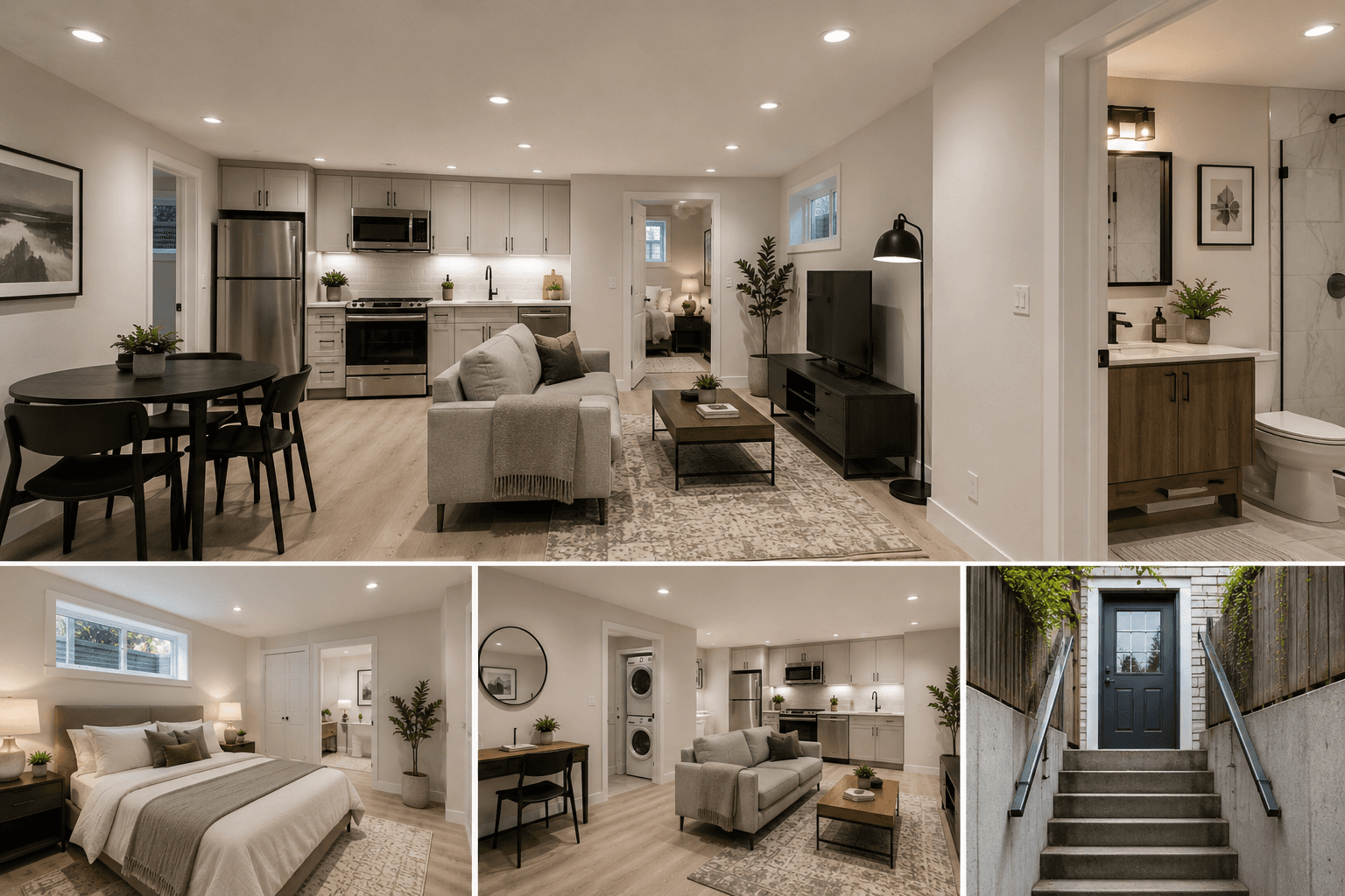 Complete basement apartment showing open-concept living and kitchen area, private bedroom with desk, sitting area, and exterior entrance — all created through underpinning