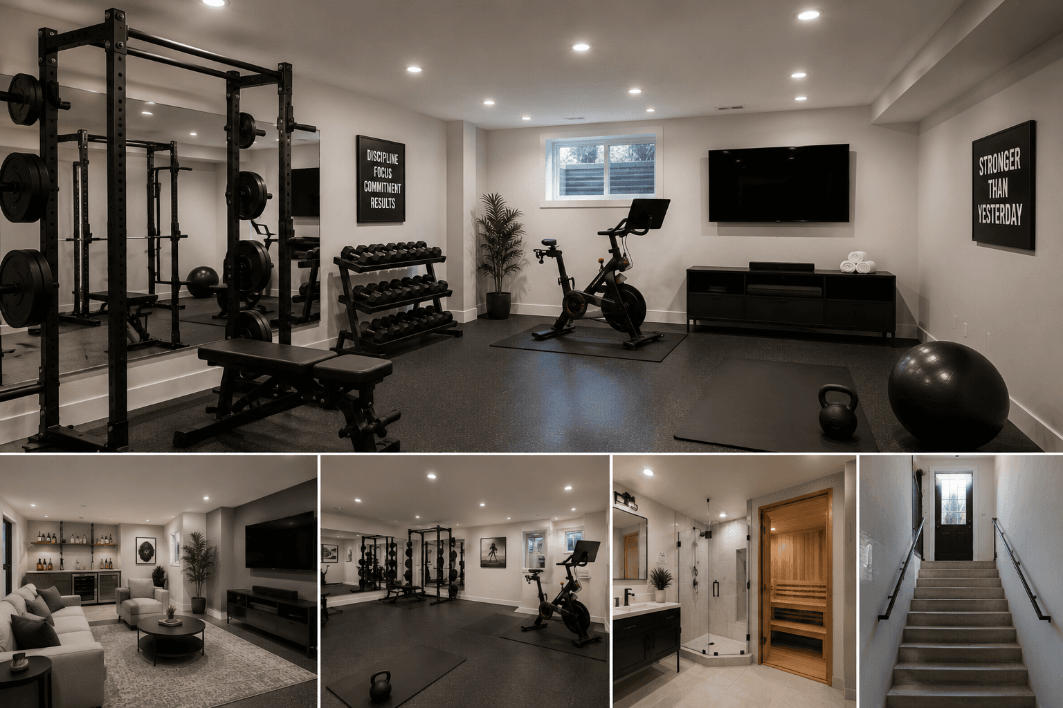 Basement home gym with power rack, exercise bike, TV, and rubber flooring — plus living room, sauna, and stairway views