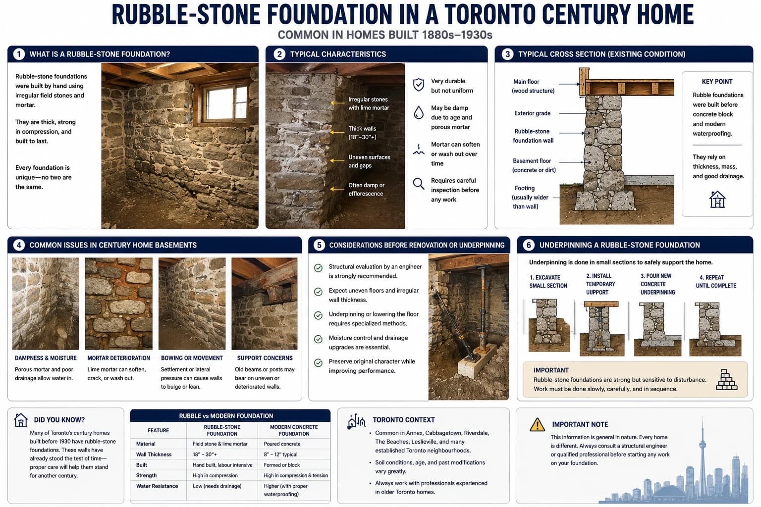 Rubble stone foundation in Toronto century homes