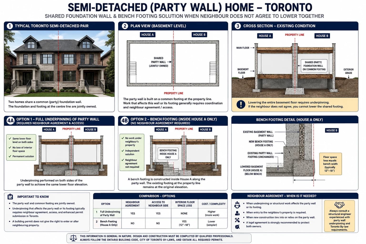 Semi-detached party wall underpinning options diagram