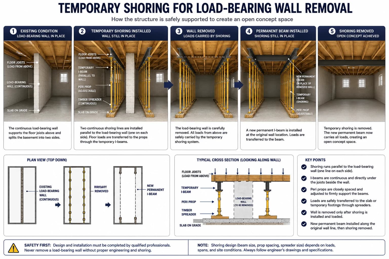 5-step temporary shoring process for load-bearing wall removal