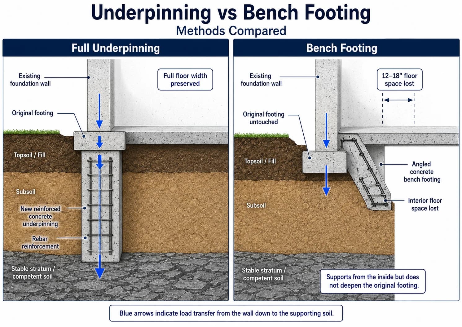 Full Underpinning vs Bench Footing Comparison