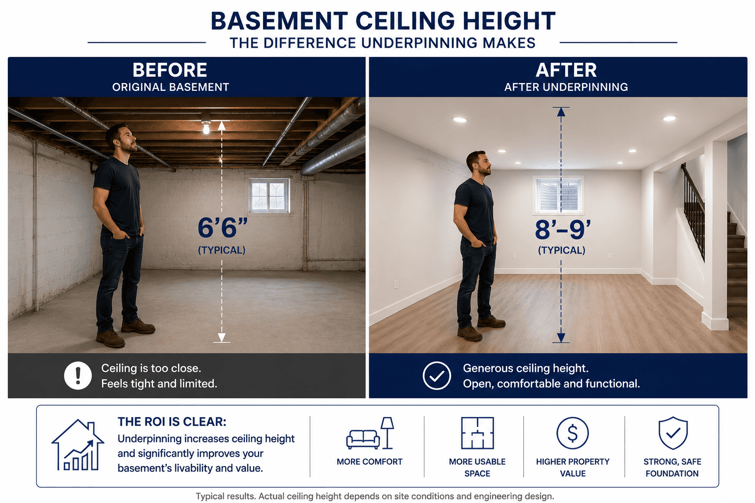 Basement ceiling height before and after underpinning in Toronto