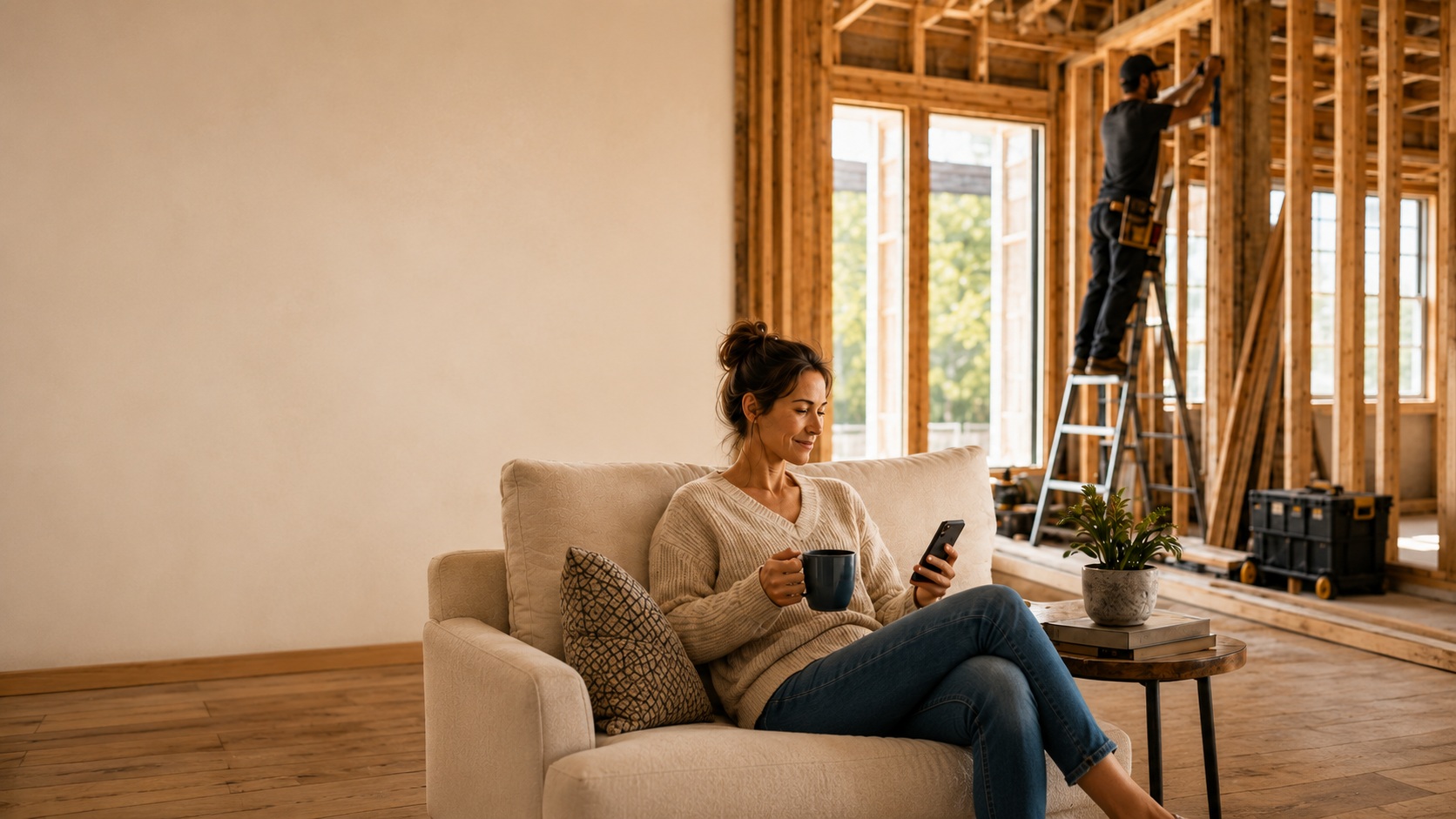 Homeowner monitoring renovation progress from her phone