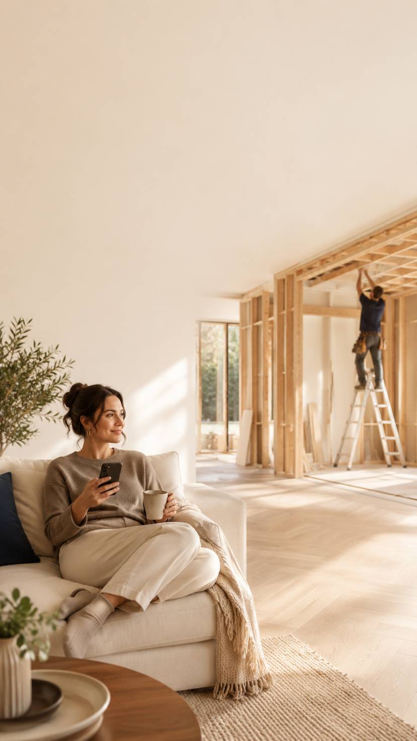 Homeowner reviewing renovation updates while construction continues
