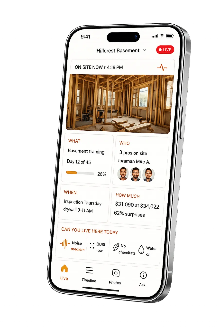 RenoNext app showing live project dashboard