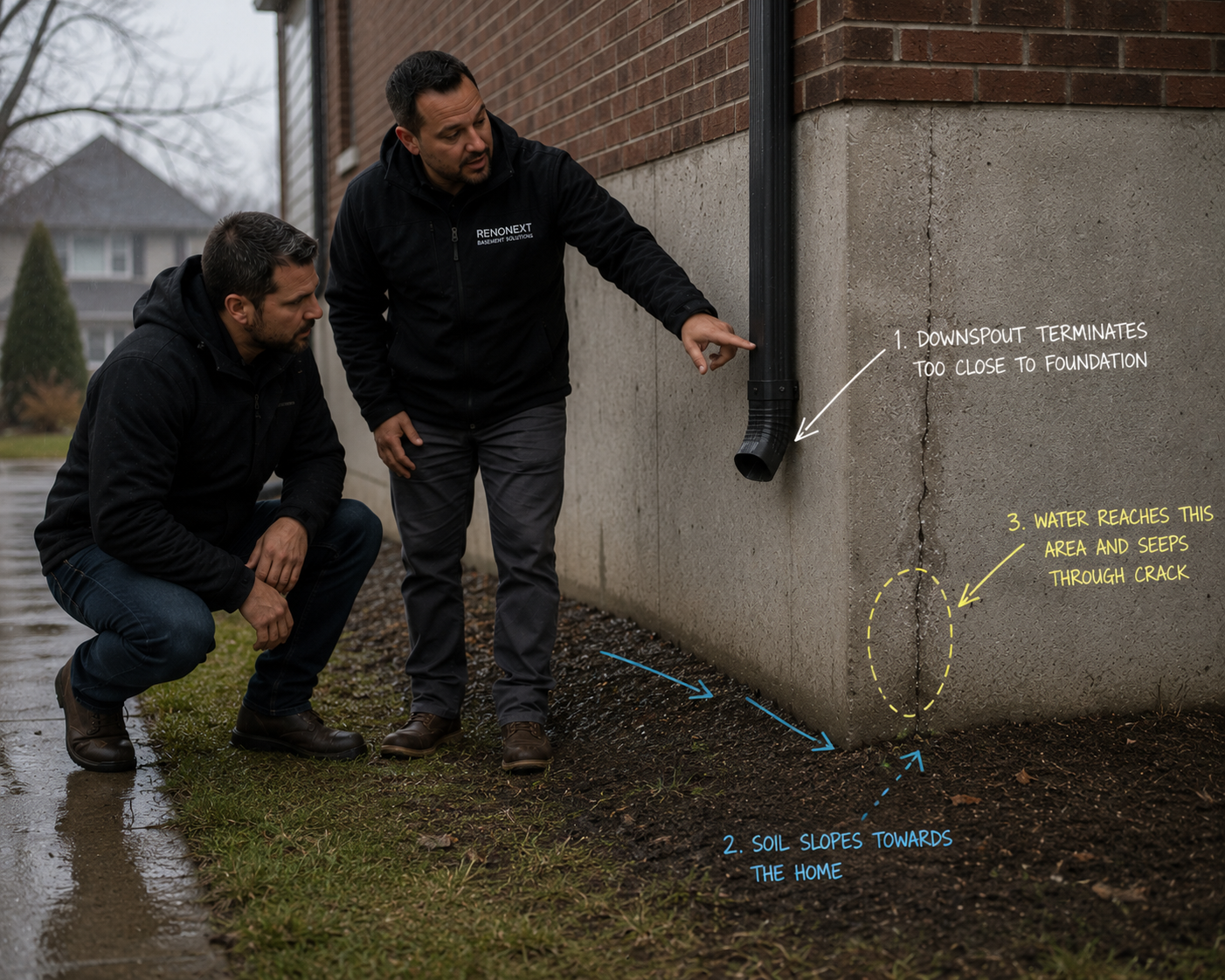 Exterior inspection identifying foundation crack causes