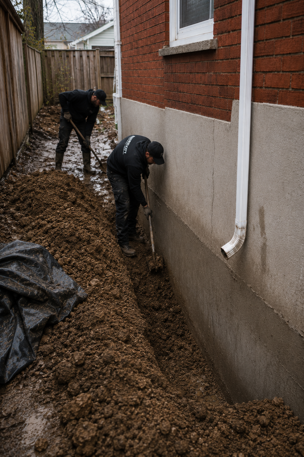 Excavation trench exposing full foundation wall