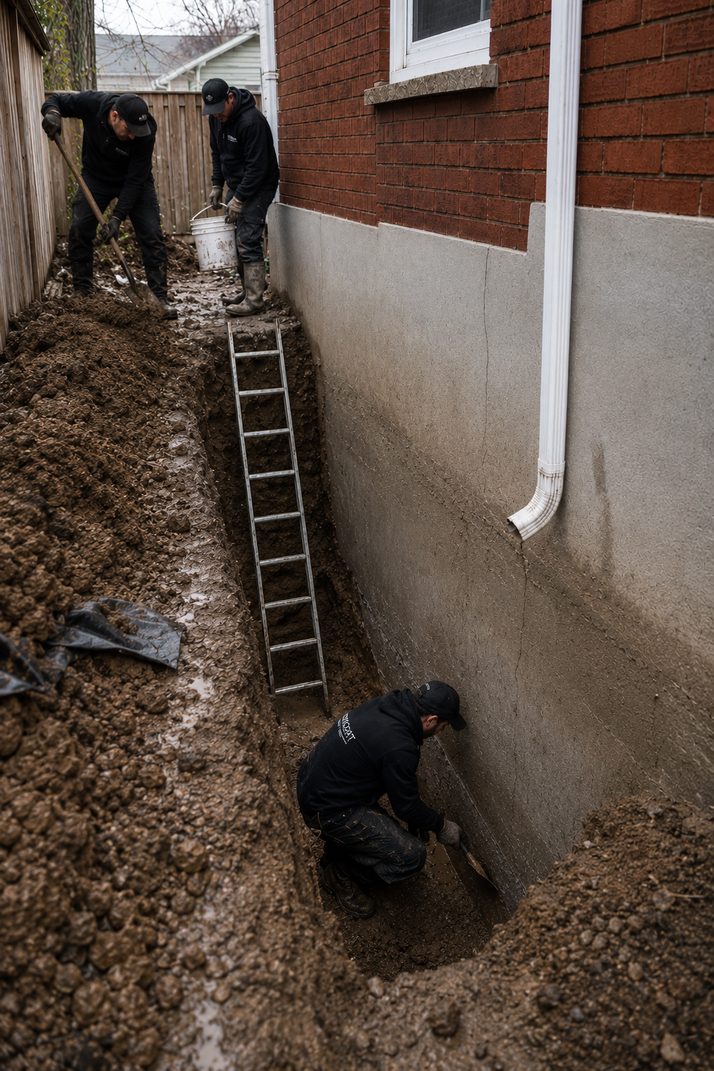 Excavation progress showing exposed foundation