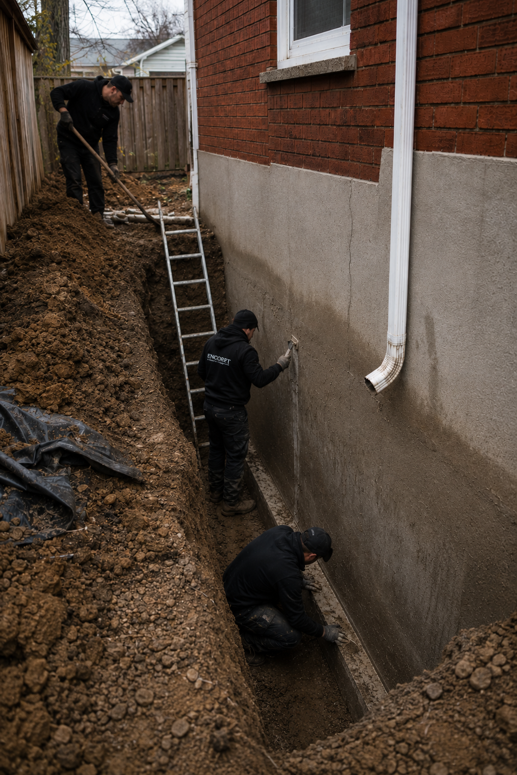 Foundation wall being cleaned of dirt and debris