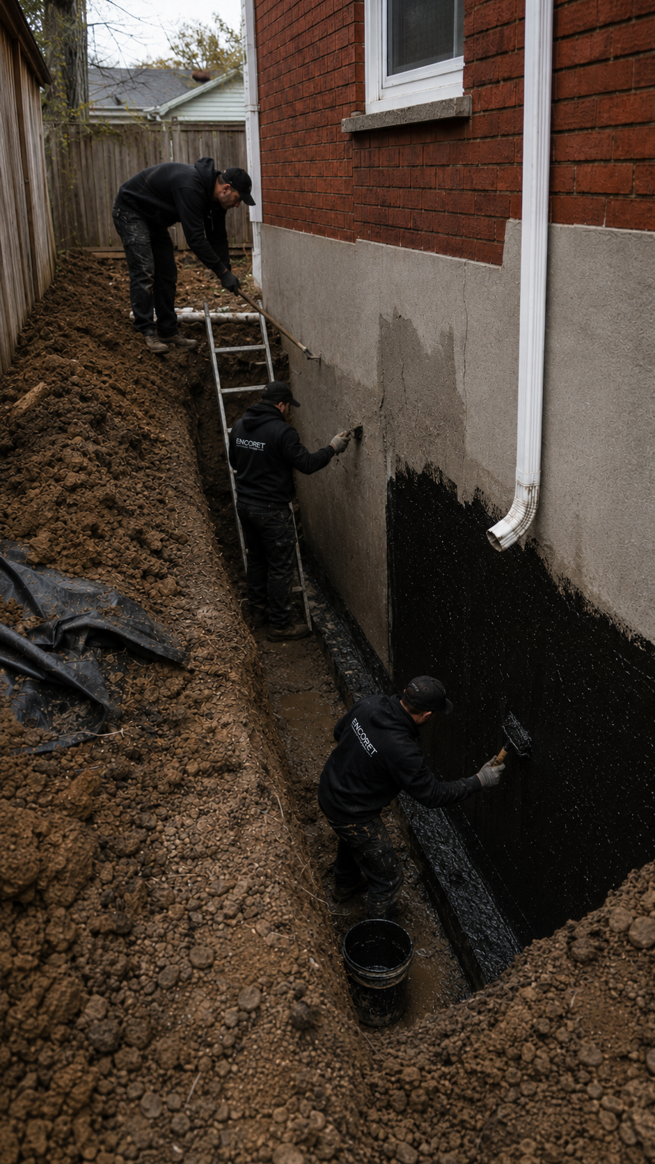 Liquid waterproofing membrane being applied to foundation wall