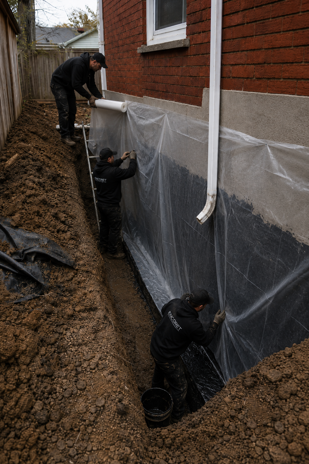 6 mil poly vapor barrier being applied over waterproofing membrane
