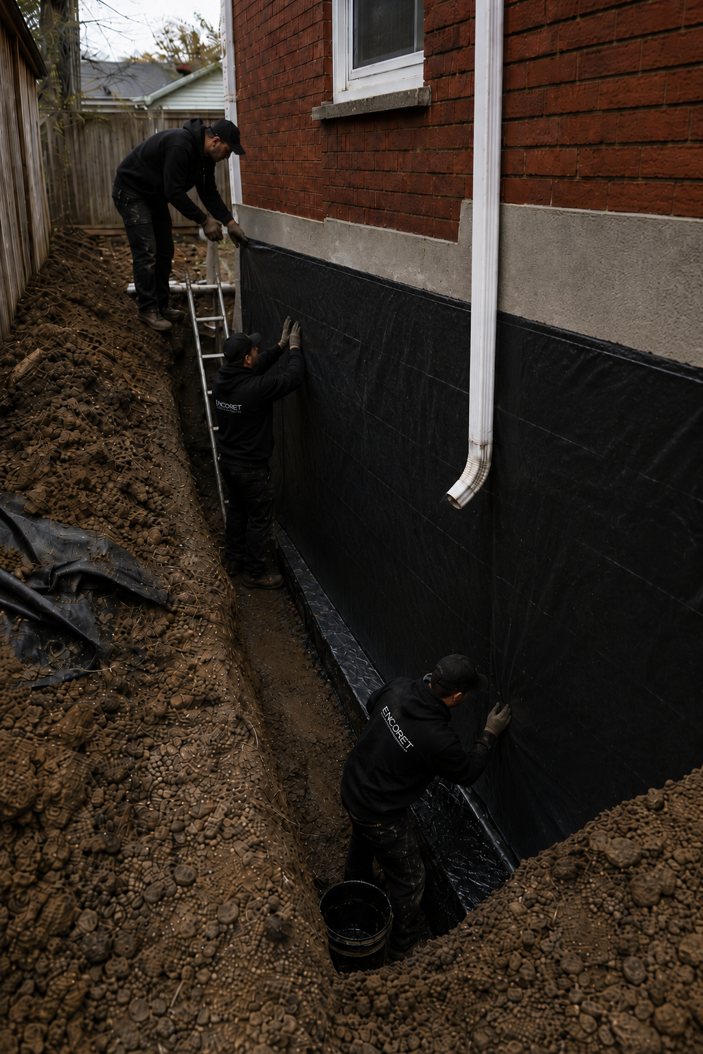 Poly vapor barrier installation continues along foundation