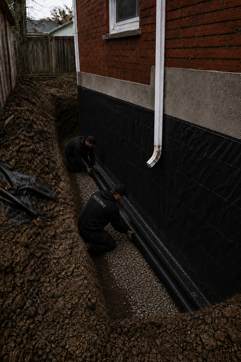 Perforated weeping tile being installed at foundation footing