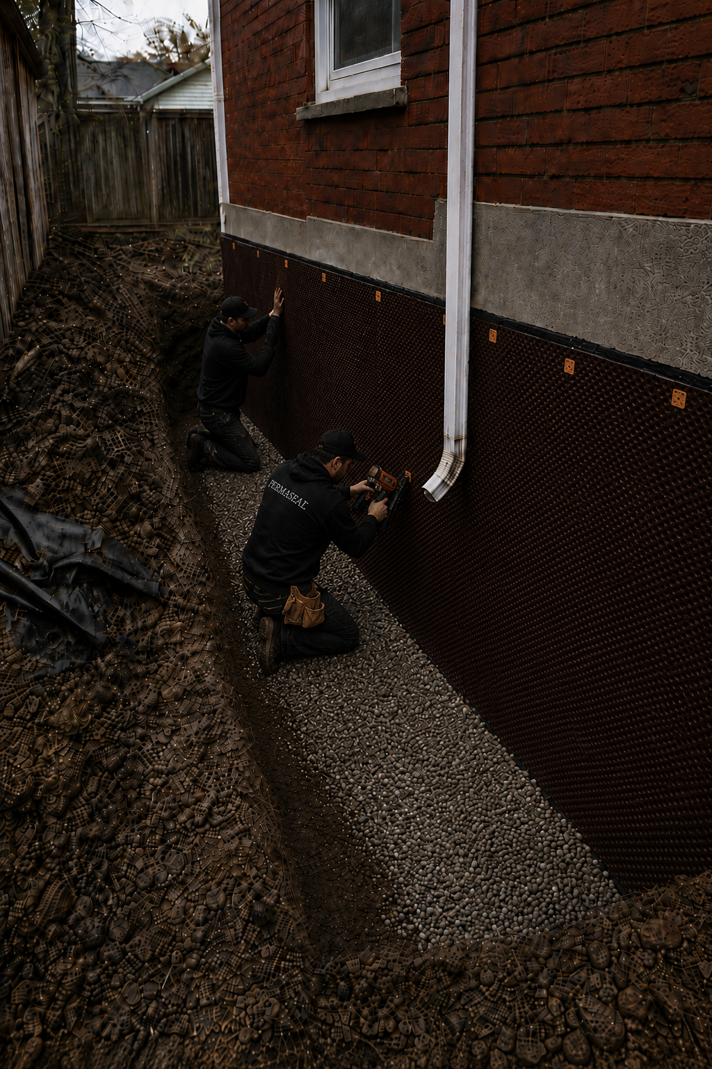 Dimpled HDPE waterproofing membrane installed on foundation wall