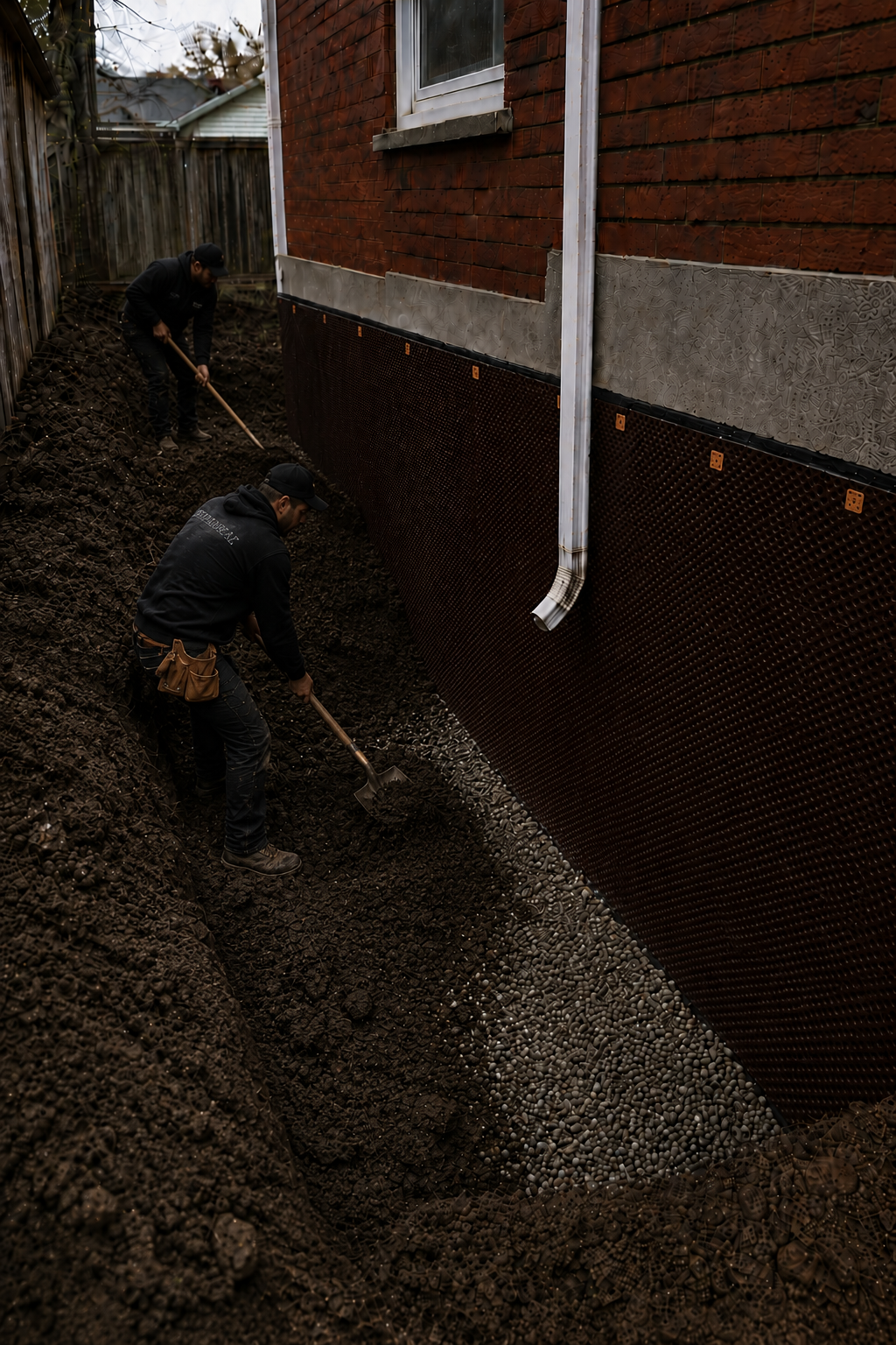 Backfilling trench against waterproofed foundation wall
